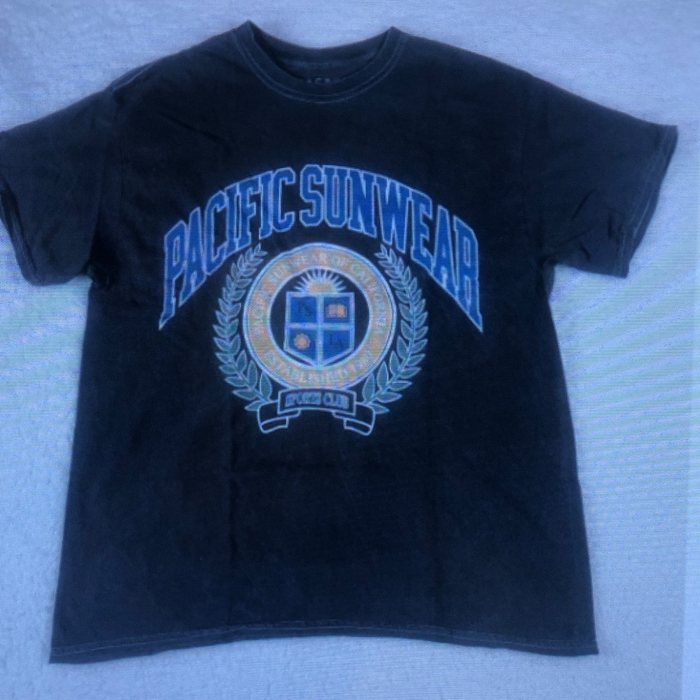 Pacific Sunwear Vintage Black Tee with Blue and Gold Accents